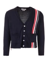 THOM BROWNE TRICOLOR BAND CARDIGAN IN BLUE