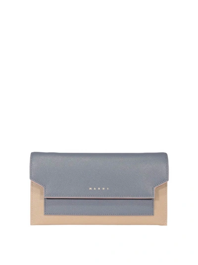 Marni Two-tone Wallet With Shoulder Strap In Light Blue