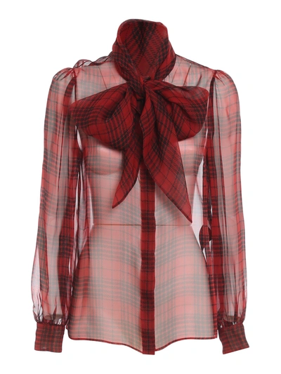 Saint Laurent Pussy-bow Checked Silk-chiffon Blouse In Red