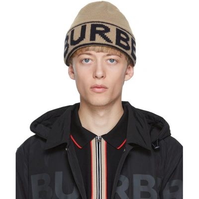 Burberry Beige Logo Intarsia Cashmere Beanie Hat In Beige