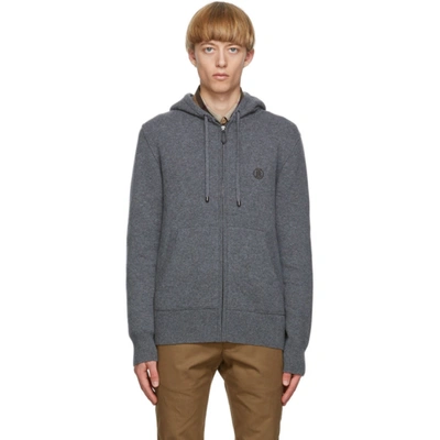 Burberry Logo-embroidered Mélange Cashmere-blend Zip-up Hoodie In Mid Grey Melange