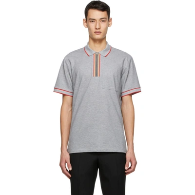 Burberry Icon Stripe Detail Cotton Zip-front Polo Shirt In P Gry Melan