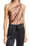 Cami Nyc The Darby One-shoulder Silk-charmeuse And Stretch-jersey Thong Bodysuit In Cappuccino