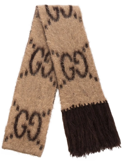 Gucci Beige And Brown Gg Logo Intarsia Scarf