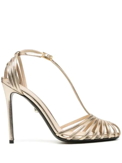 Alevì Heeled Leather Metallic Sandals In Gold