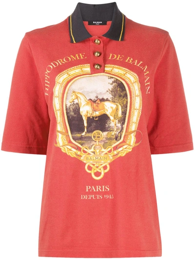 Balmain Equestrian Print Polo Shirt In Red