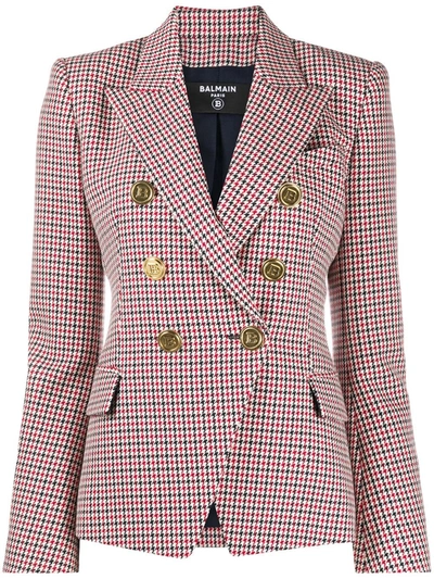 Balmain Double-breasted Houndstooth Wool Jacket In Red