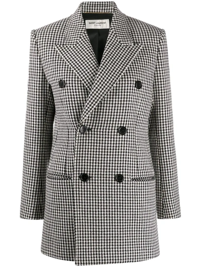 Saint Laurent Houndstooth Double-breasted Coat In White