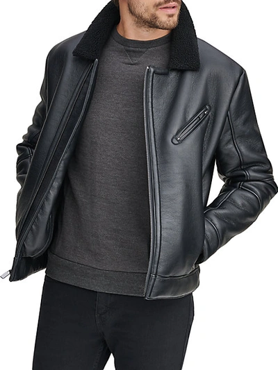 Andrew Marc Maxton Faux Leather & Faux Shearling Collar Moto Jacket In Black
