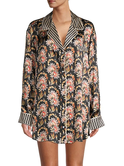 Oscar De La Renta Floral-print Silk Sleep Shirt In Black Multi
