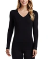 Cuddl Duds Plus Size Softwear Lace-edge Long-sleeve V-neck Top In Black