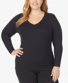 Cuddl Duds Plus Size Softwear Lace-edge Long-sleeve V-neck Top In Black