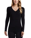 Cuddl Duds Plus Size Softwear Lace-edge Long-sleeve V-neck Top In Black