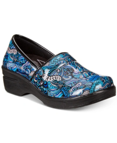 Easy Street Easy Works By  Lyndee Slip Resistant Clogs In Blue Pop Patent