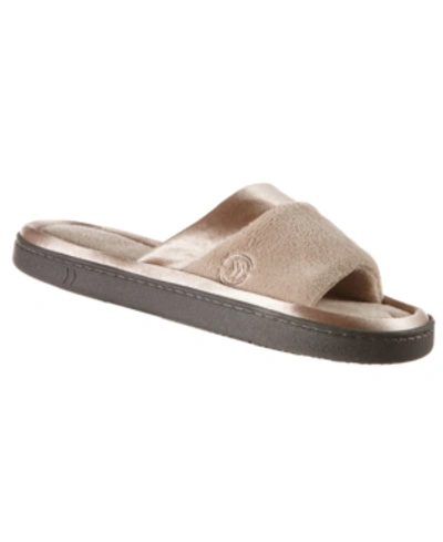 Isotoner Signature Isotoner Women's Microterry Satin Trim Wider Width Slide Slippers In Stone