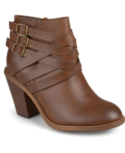 Journee Collection Women's Strap Wide Width Round Toe Stacked Heel Dress Booties In Brown