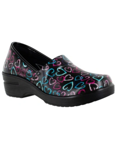 Easy Street Easy Works Laurie Clogs In Black Multi Hearts Patent