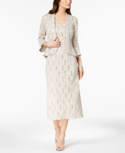 R & M Richards Sequined Lace Midi Dress And Jacket In Champagne