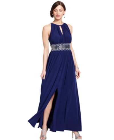 R & M Richards Petite Metallic Halter Neck Gown With Thigh Split In Royal Blue