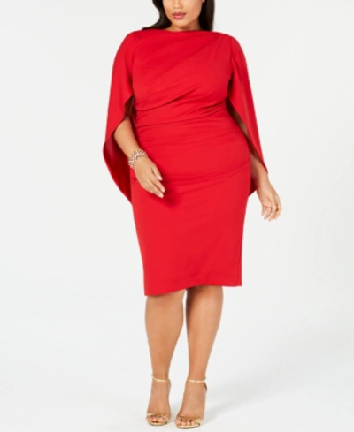 Betsy & Adam Plus Size Ruched Cape Dress In Dark Red