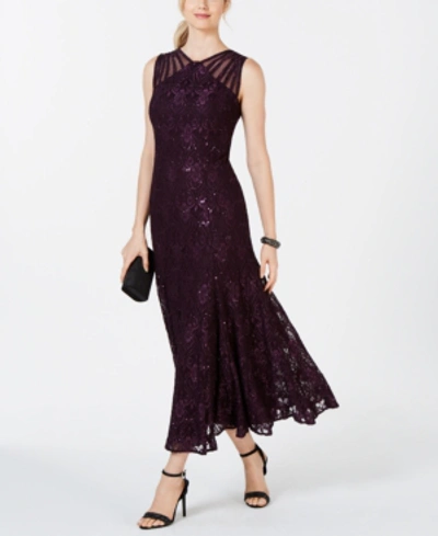 R & M Richards Women's Long Embellished Illusion-detail Lace Gown In Plum