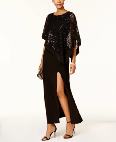R & M Richards Sequined Lace Cape Gown In Black