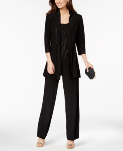R & M Richards Glitter-print Pantsuit In Black