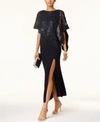 R & M Richards Sequined Lace Cape Gown In Navy