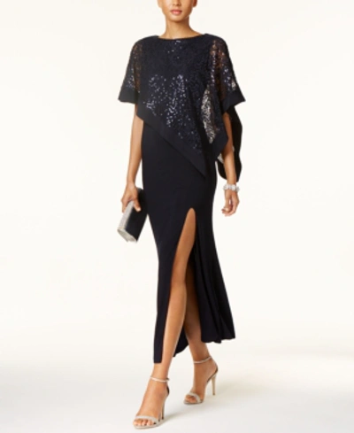 R & M Richards Sequined Lace Cape Gown In Navy