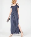 ALEX EVENINGS COLD-SHOULDER DRAPED METALLIC GOWN REGULAR & PETITE SIZES