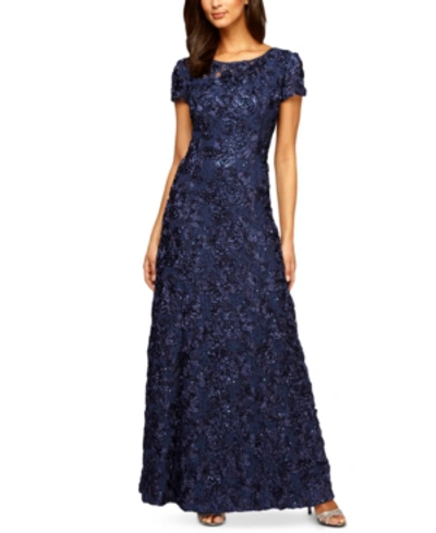 Alex Evenings Rosette Lace Short Sleeve A-line Gown In Navy