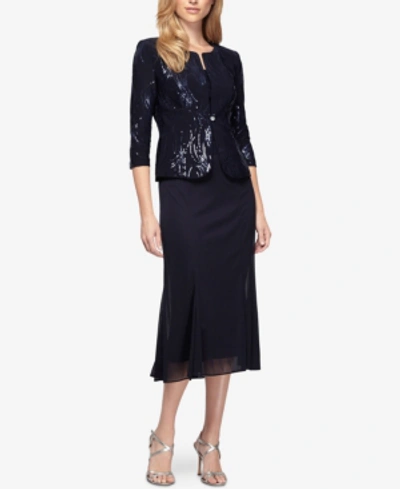 Alex Evenings Petite Sequined Midi Dress And Jacket In Navy