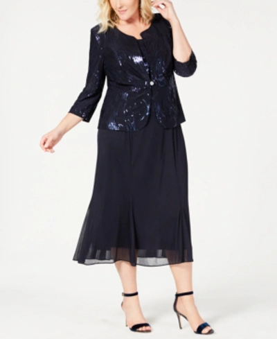 Alex Evenings Plus Size Sequined Chiffon Dress And Jacket In Navy