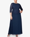 Alex Evenings Plus Sequined Scalloped Edge Lace Top Gown In Navy