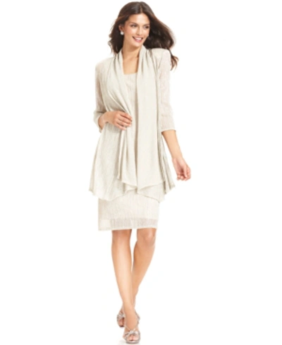 R & M Richards Sleeveless Metallic Dress And Jacket In Tan/beige