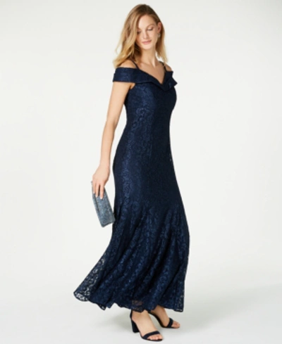 R & M Richards Off The Shoulder Fishtail Evening Gown With Full Body Shimmer Lace In Navy