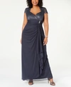 Betsy & Adam Petites Womens Sequined Ruched Evening Dress In Charcoal Gray