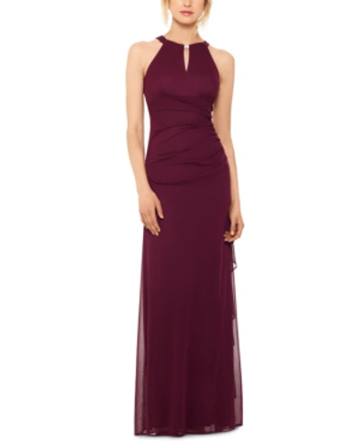 Betsy & Adam B&a By Betsy And Adam Ruched Halter Gown In Garnet Red
