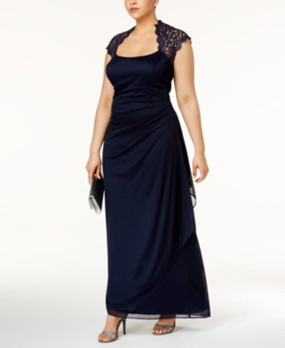 Xscape Plus Size Ruched Lace Gown In Navy