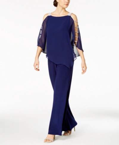 Msk Embellished Chiffon-overlay Jumpsuit In Midnight Blue