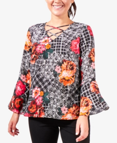 Ny Collection Bell-sleeve Lattice Top In Black Luxefleur