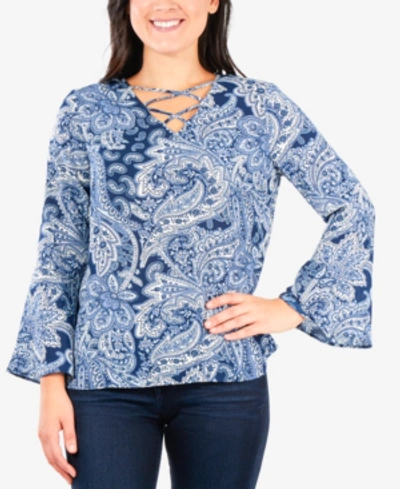 Ny Collection Bell-sleeve Lattice Top In Navy Pais