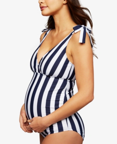 A Pea In The Pod Maternity One-piece Halter Swimsuit In Navy-white Stripe
