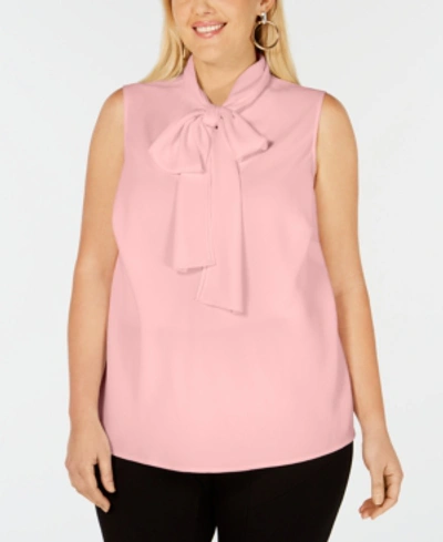 Bar Iii Trendy Plus Size Bow-neck Blouse, Created For Macy's In Pink