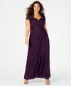 Betsy & Adam Plus Size Sequined-lace Ruched Gown In Eggplant Purple