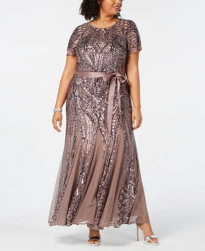 R & M Richards Plus Size Sequined Godet Gown In Mocha