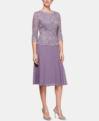 Alex Evenings Sequined Lace Contrast Dress In Purple