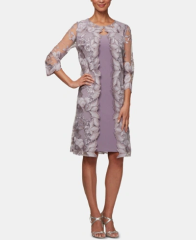 Alex Evenings Embroidered Jacket Dress In Smokey Orchid