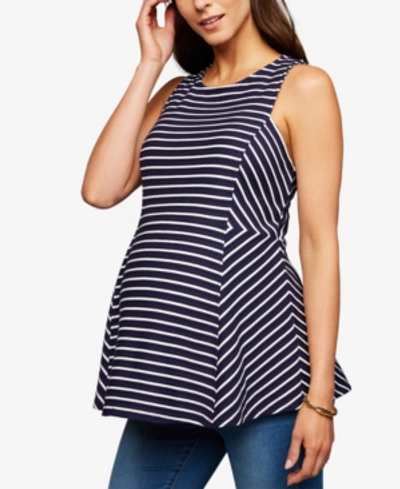 A Pea In The Pod Maternity Striped Peplum Top In Navy-white Stripe