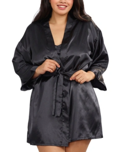 Dreamgirl Plus Size Satin Robe & Chemise 2pc Lingerie Set In Black
